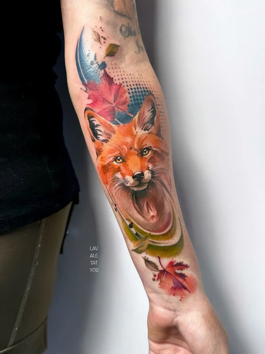 Big Colorful Fox with Flowers and Moon Tattoo on Men Arm by @lavaletatyou