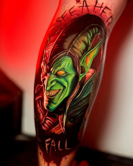 Big Colorful Green Goblin Face Tattoo on Men Leg by @mpaes.tattoo