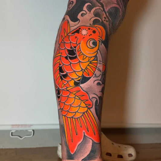 Big Colorful Koi Fish Tattoo on Men Thigh by @jpg_tattoo
