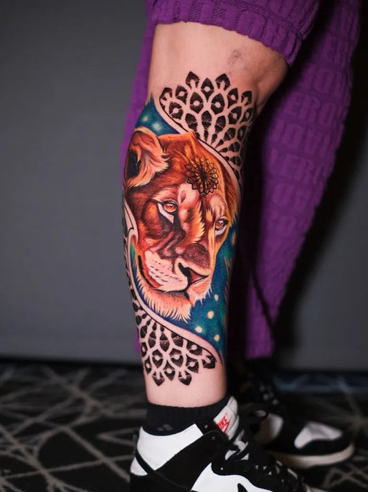 Big Colorful Lion with Mandala Tattoo on Women Thigh by @vtrtattoo13