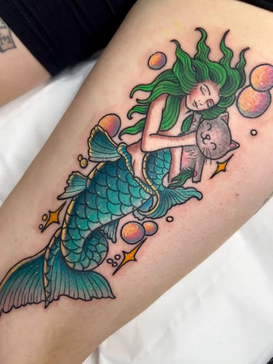 Big Colorful Mermaid with Cat and Bubbles Tattoo on Women Thigh by @sjlant
