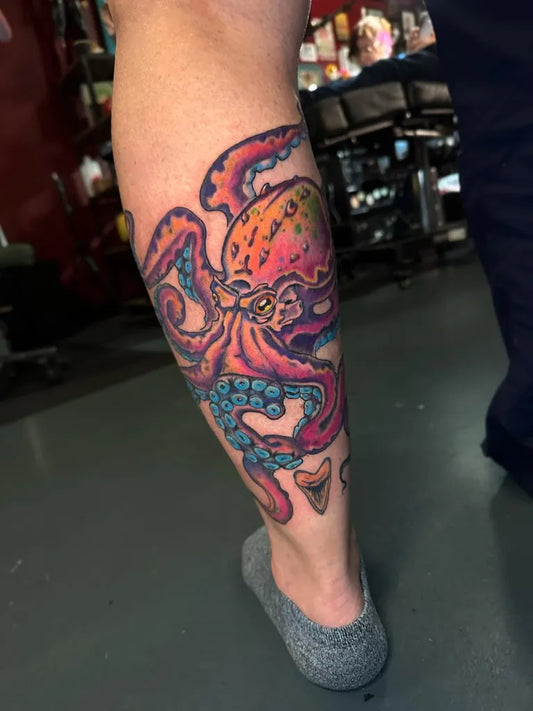 Big Colorful Octopus Tattoo on Men Leg by @jordannicktattoo