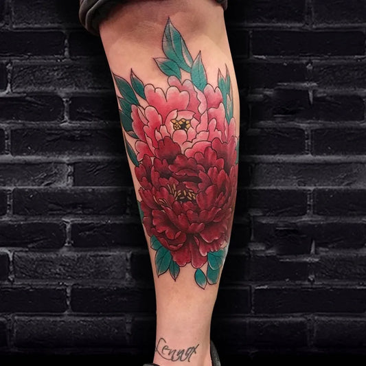 Big Colorful Peony Flower Tattoo on Men Thigh by @eserkusar