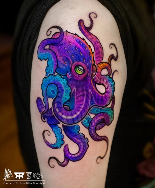 Big Colorful Purple Octopus Tattoo on Men Arm by @geem_tattoo