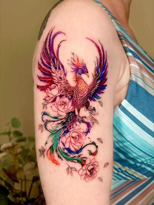 Big Colorful Realism Phoenix with Roses on Women Shoulder Tattoo by @claire_tattoos_