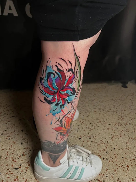 Big Colorful Watercolor Flower Tattoo on Women Thigh by @mrartistpainterman