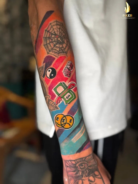Big Colorful Web YinYang Nintendo Tattoo on Men Arm by @suvo_the_inker