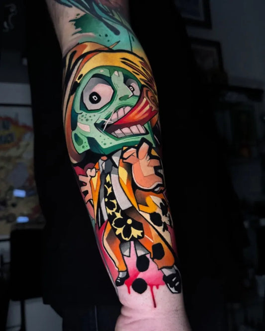 Big Colorful Zombie Mexican Character Tattoo on Men Arm by @atelier.penumbre