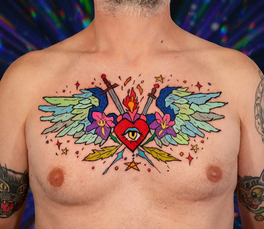 Big Colorwork Sacred Heart with Wings and Swords Tattoo on Men Chest by @hongna_tattoo