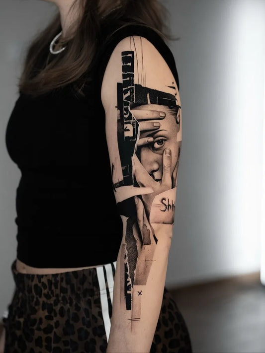 Big Cubist Face and Geometric Shapes on Women Arm Tattoo by @black.minimal.tattoo