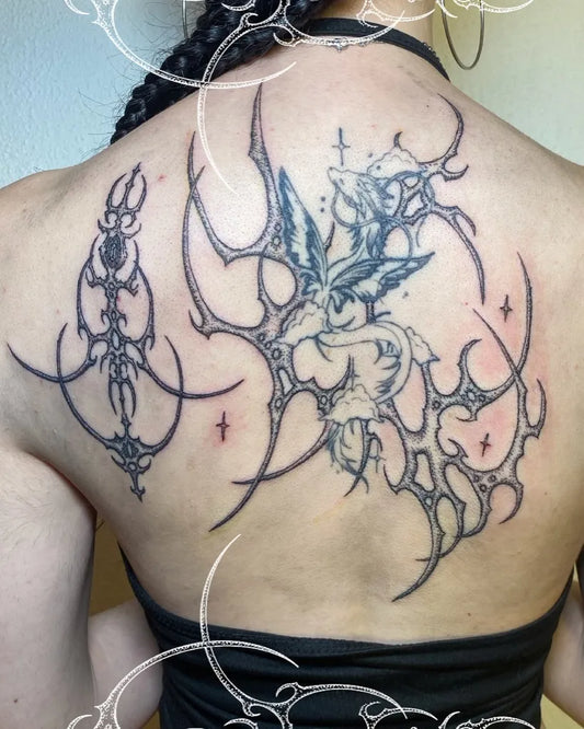 Big Cyber Sigilism Butterfly on Women Back Tattoo by @4littoo