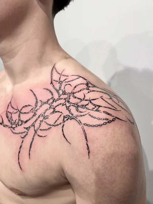 Big Cyber Sigilism Chains on Men Shoulder Tattoo by @blackkattattoo