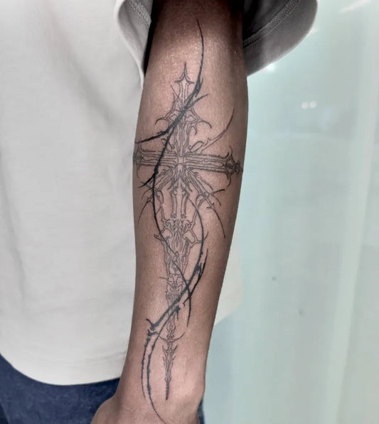 Big Cyber Sigilism Cross on Men Arm Tattoo by @bellabae.tattoo