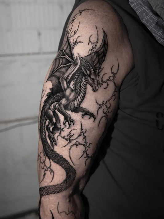 Big Cyber Sigilism Dragon on Men Arm Tattoo by @maryrain.tattoo