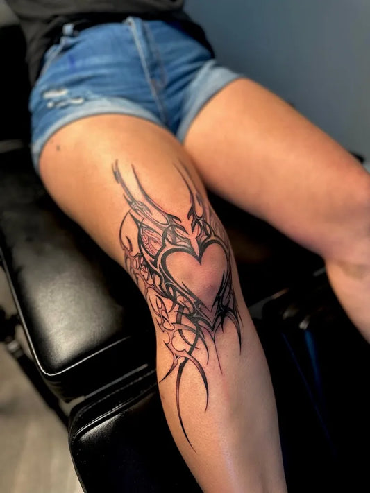 Big Cyber Sigilism Heart on Women Knee Tattoo by @inkedbysteph_
