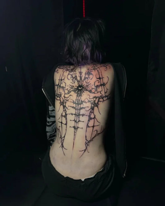 Big Cyber Sigilism Mandala on Women Back Tattoo by @reignbaby