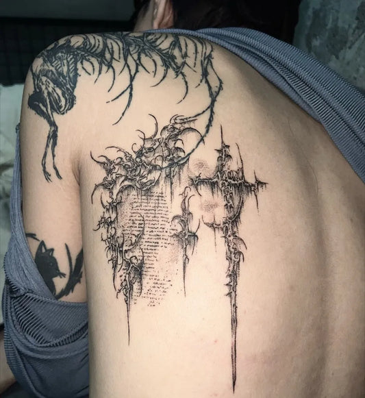 Big Cyber Sigilism Spikes on Women Back Tattoo by @assholic_105