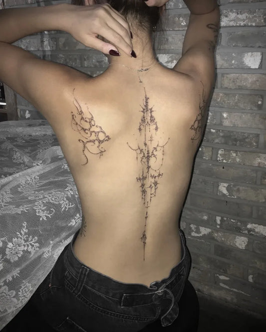 Big Cyber Sigilism Spine on Women Back Tattoo by @keeshetattoo