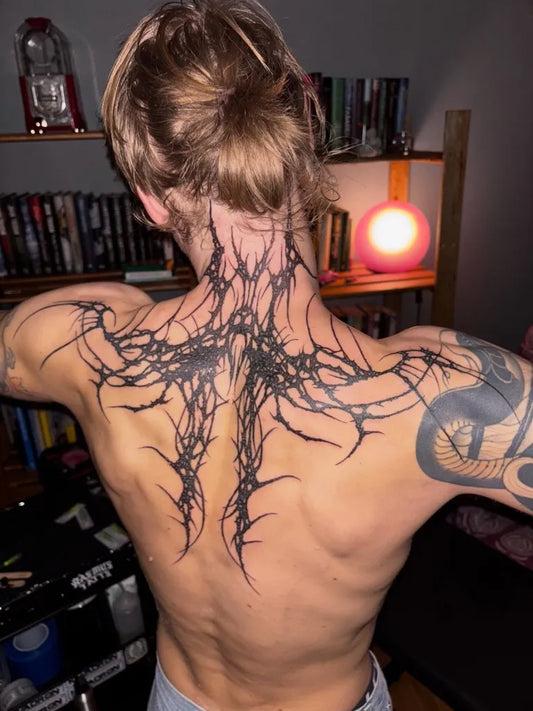Big Cyber Sigilism Thorn Branches on Men Back Tattoo by @september__ink