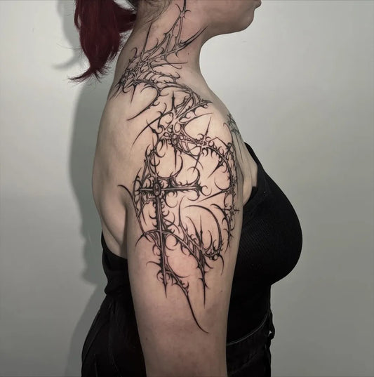 Big Cyber Sigilism Thorns Cross on Women Shoulder Tattoo by @vxotattoo