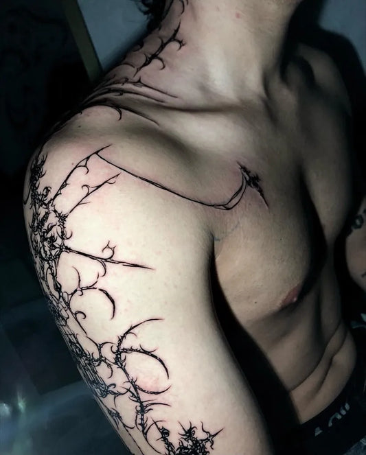 Big Cyber Sigilism Thorns on Men Shoulder Tattoo by @bhasckar.art