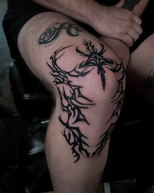 Big Cyber Sigilism Tribal on Men Knee Tattoo by @morgandianntattoo
