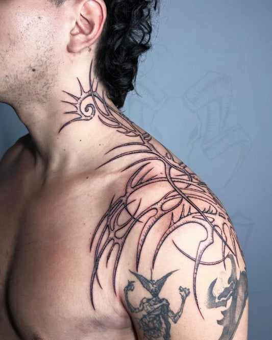 Big Cyber Sigilism Tribal on Men Shoulder Tattoo by @aryss.ttt