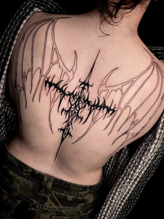 Big Cyber Sigilism Wings on Women Back Tattoo by @keri.vacant.tattoo