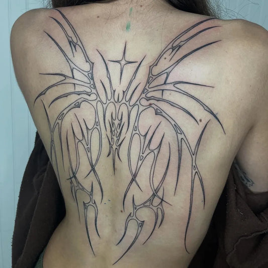 Big Cyber Sigilism Wings on Women Back Tattoo by @milkyy.strawberryy