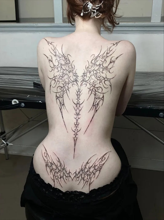 Big Cyber Sigilism Wings on Women Back Tattoo by @nightmar.y