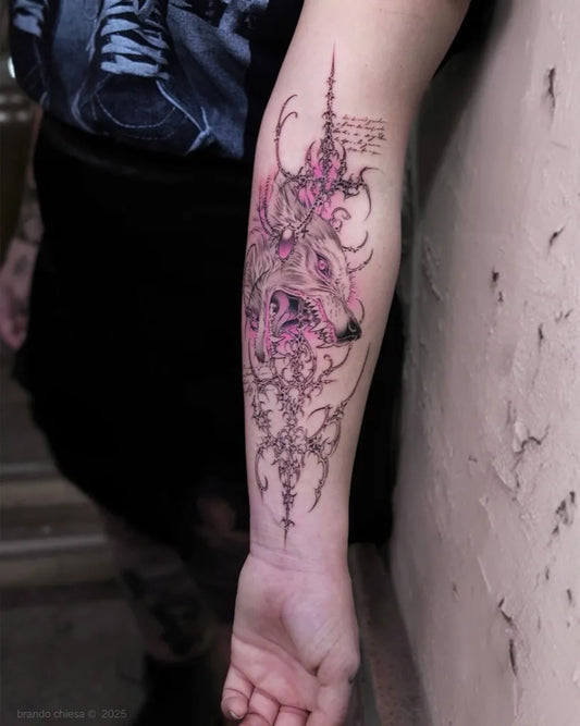 Big Cyber Sigilism Wolf on Women Arm Tattoo by @brandochiesa