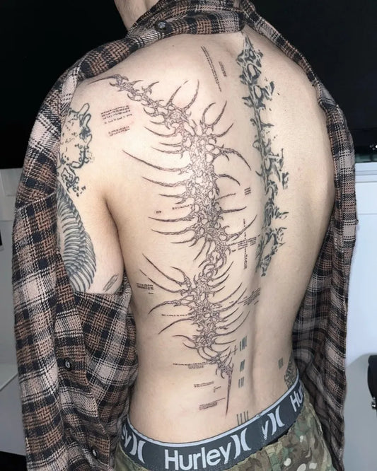 Big Cyber Sigilism and Spine Sigils on Men Back Tattoo by @tattooforest_ed