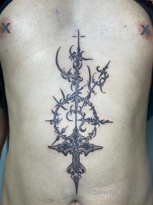Big Cyber Sigilism barbed wire cross on Men Back Tattoo by @zanetti_tattoo