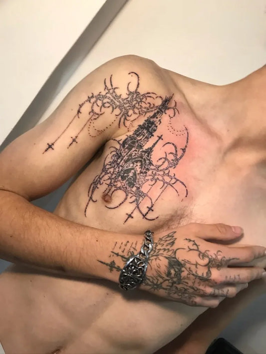 Big Cyber Sigilism on Men Chest Tattoo by @d.o.l.i.x