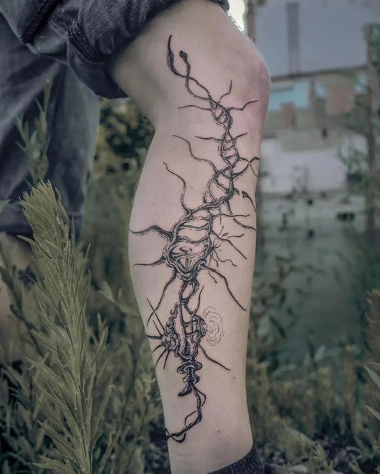 Big Cyber Sigilism on Men Leg Tattoo by @tobb_tattoo