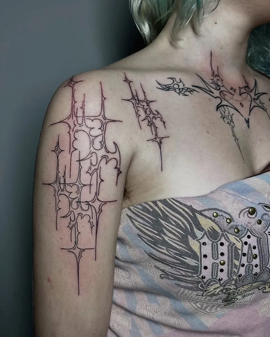 Big Cyber Sigilism on Women Shoulder Tattoo by @luna__tattoos