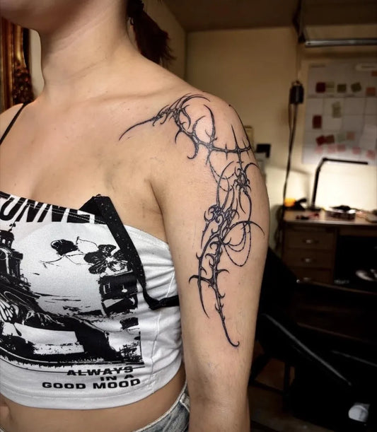 Big Cyber Sigilism on Women Shoulder Tattoo by @quinstattoos