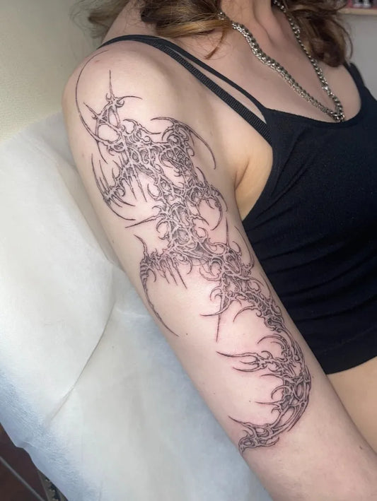 Big Cyber Sigilism on Women Shoulder Tattoo by @stan_tatu