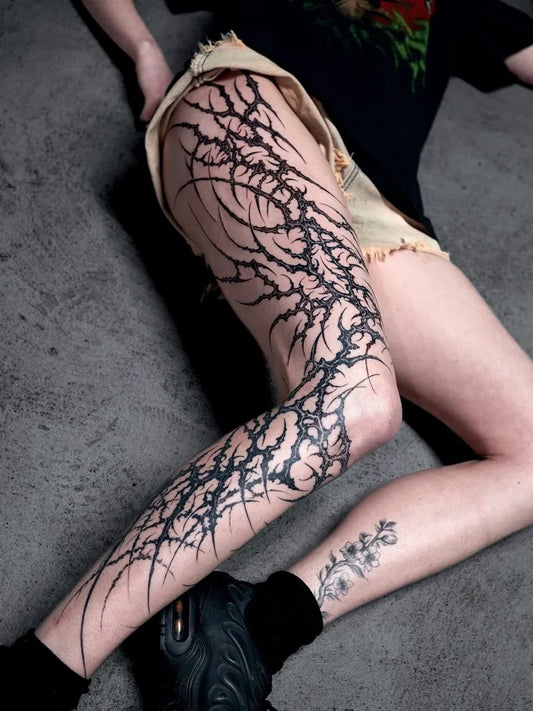 Big Cyber Sigilism on Women Thigh Tattoo by @kabitattooer