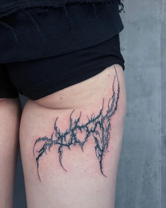 Big Cyber Sigilism on Women Thigh Tattoo by @tattsbyjulka