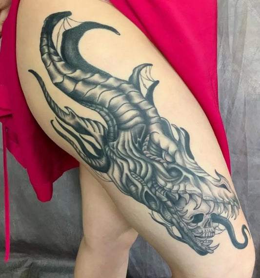 Big Demonic Dragon on Women Thigh Tattoo by @weirdinksociety