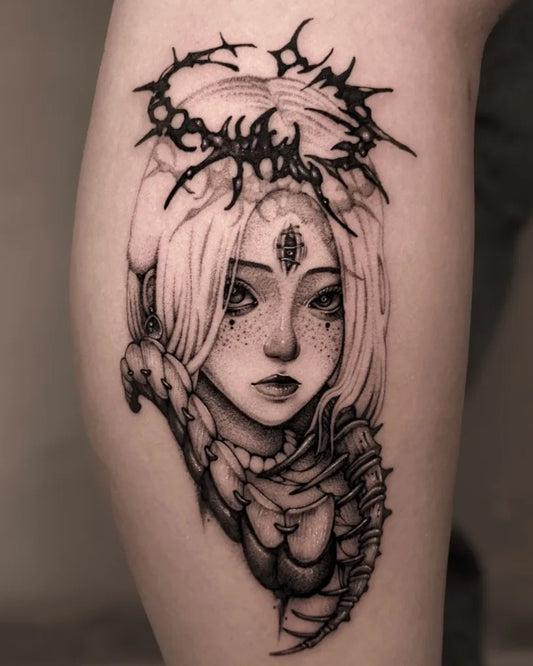 Big Dotwork Crowned Woman with Scorpion Armor Tattoo on Women Thigh by @redtail_ttt