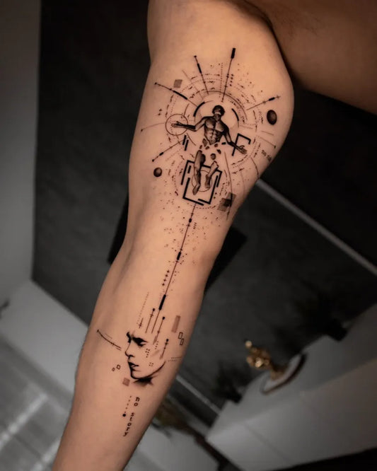 Big Dotwork Figure with Geometric Mandala Men Inner Arm Tattoo on by @odb_blackwork