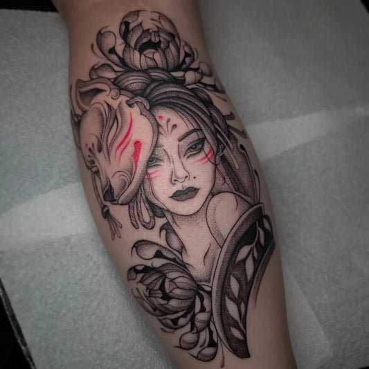 Big Dotwork Fox Masked Woman Tattoo on Women Leg by @ellacharlotte_tattoo