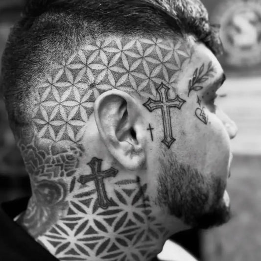 Big Dotwork Geometric Cross Tattoo on Men Head by @sailorstattoomilanoduomo
