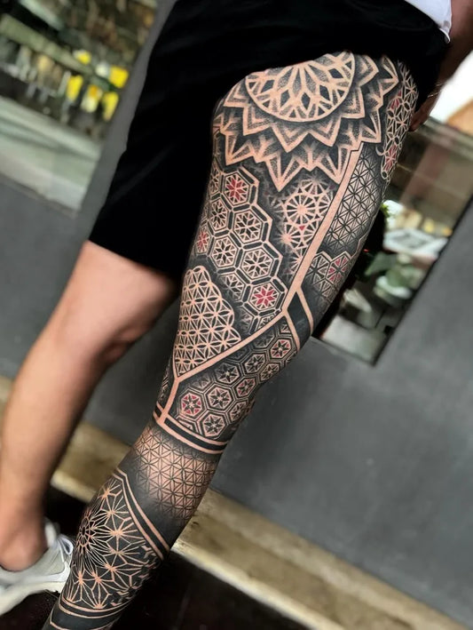 Big Dotwork Geometric Mandala Tattoo on Men Leg by @kindalindatattoo