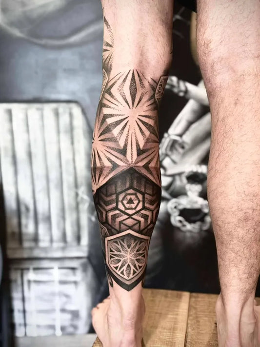 Big Dotwork GeometricMandala Tattoo on Men Leg by @magnumxiii