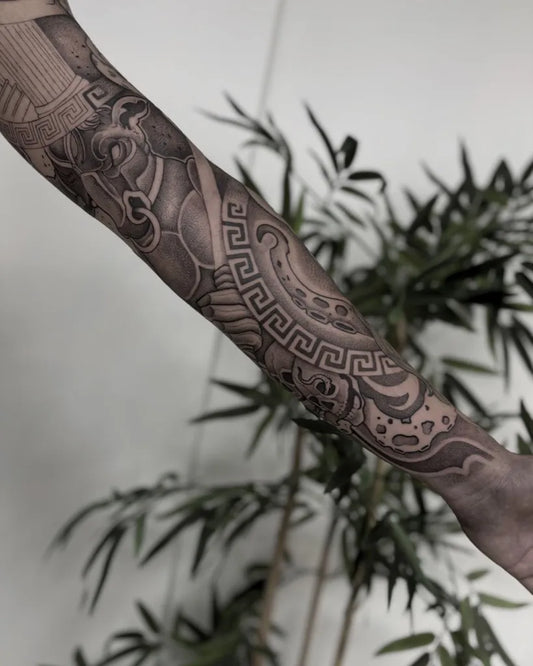 Big Dotwork Greek Temple and Bull Tattoo on Men Arm by @gia.tattooart