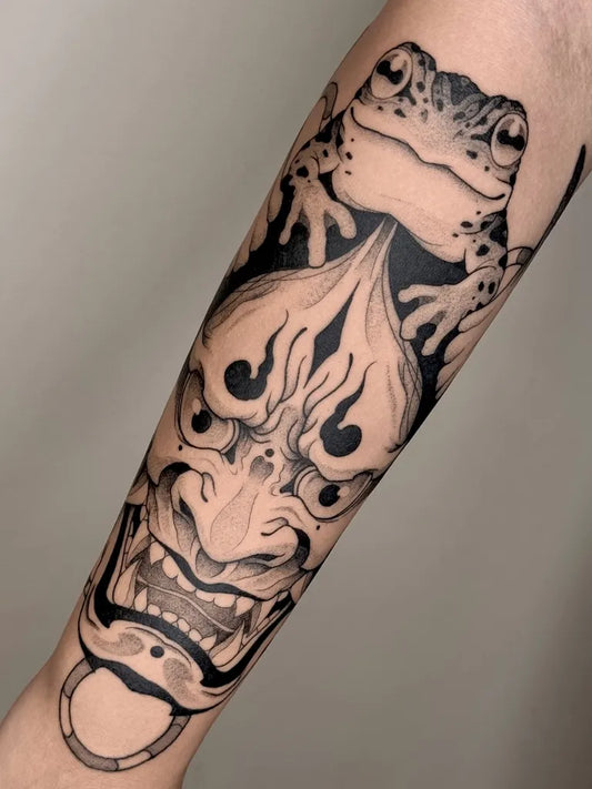 Big Dotwork Hannya Mask Frog Tattoo on Men Arm by @cejaymedio_tattoo