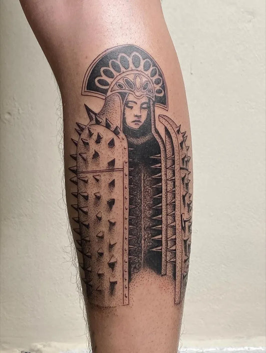 Big Dotwork Iconic Crowned Female Figure Tattoo on Men Leg by @yungnemesisberlin